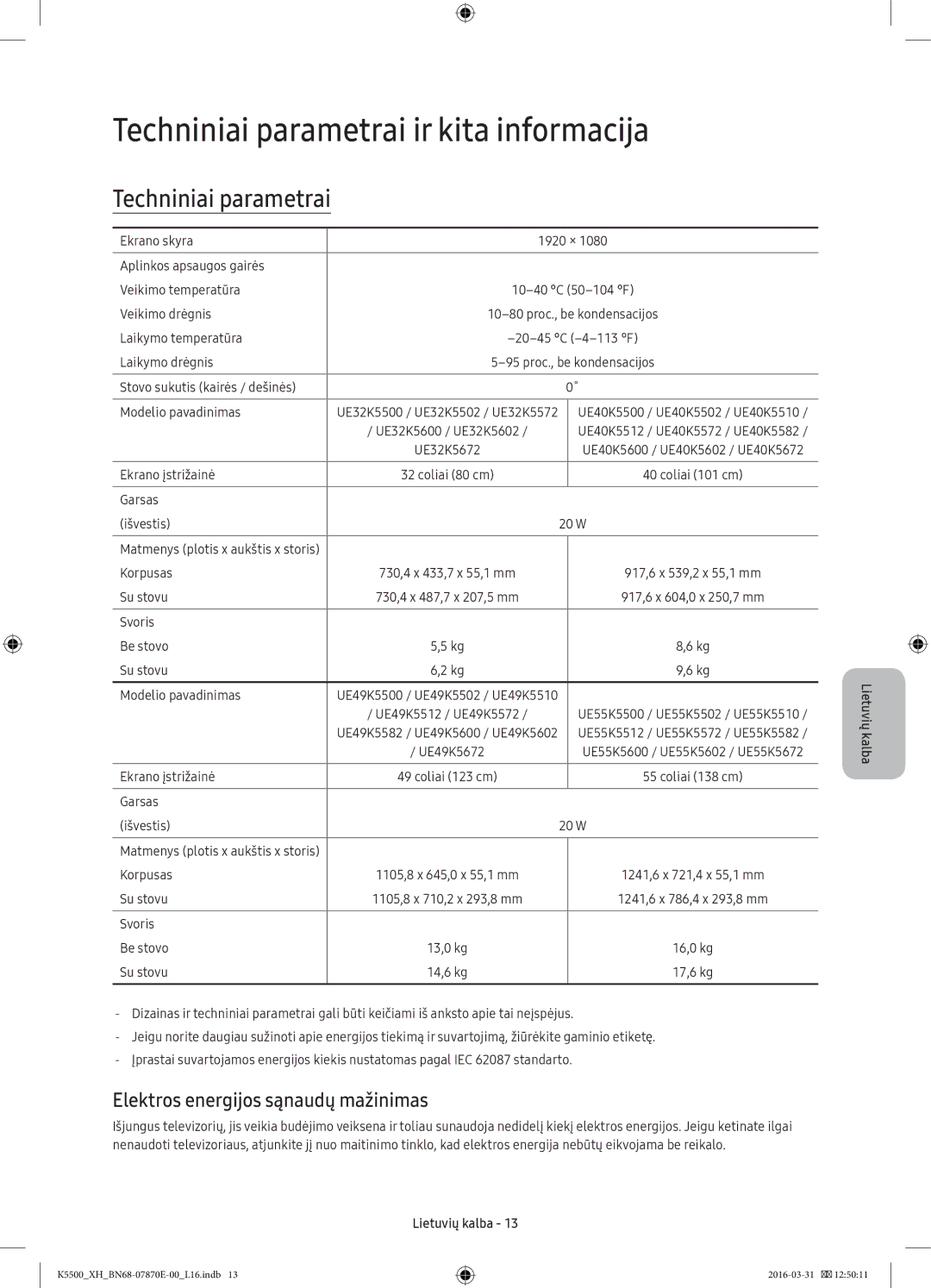 Samsung UE40K5600AWXXN, UE32K5572SUXXH Techniniai parametrai ir kita informacija, Elektros energijos sąnaudų mažinimas 