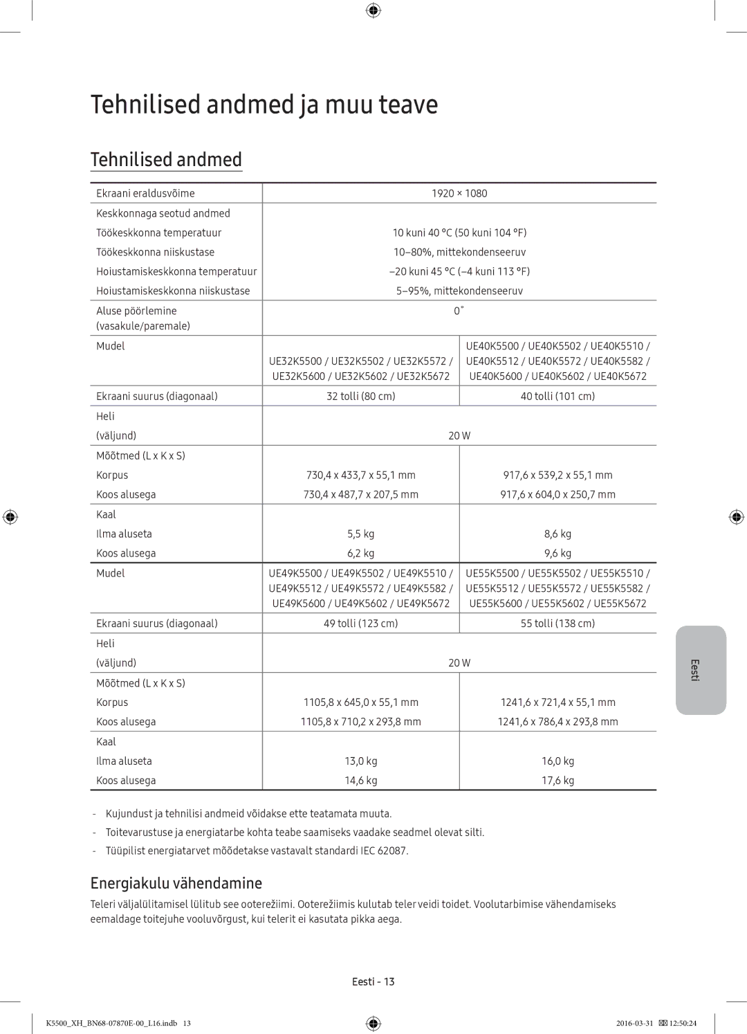 Samsung UE49K5672SUXXH, UE32K5572SUXXH, UE49K5510AWXXH manual Tehnilised andmed ja muu teave, Energiakulu vähendamine 