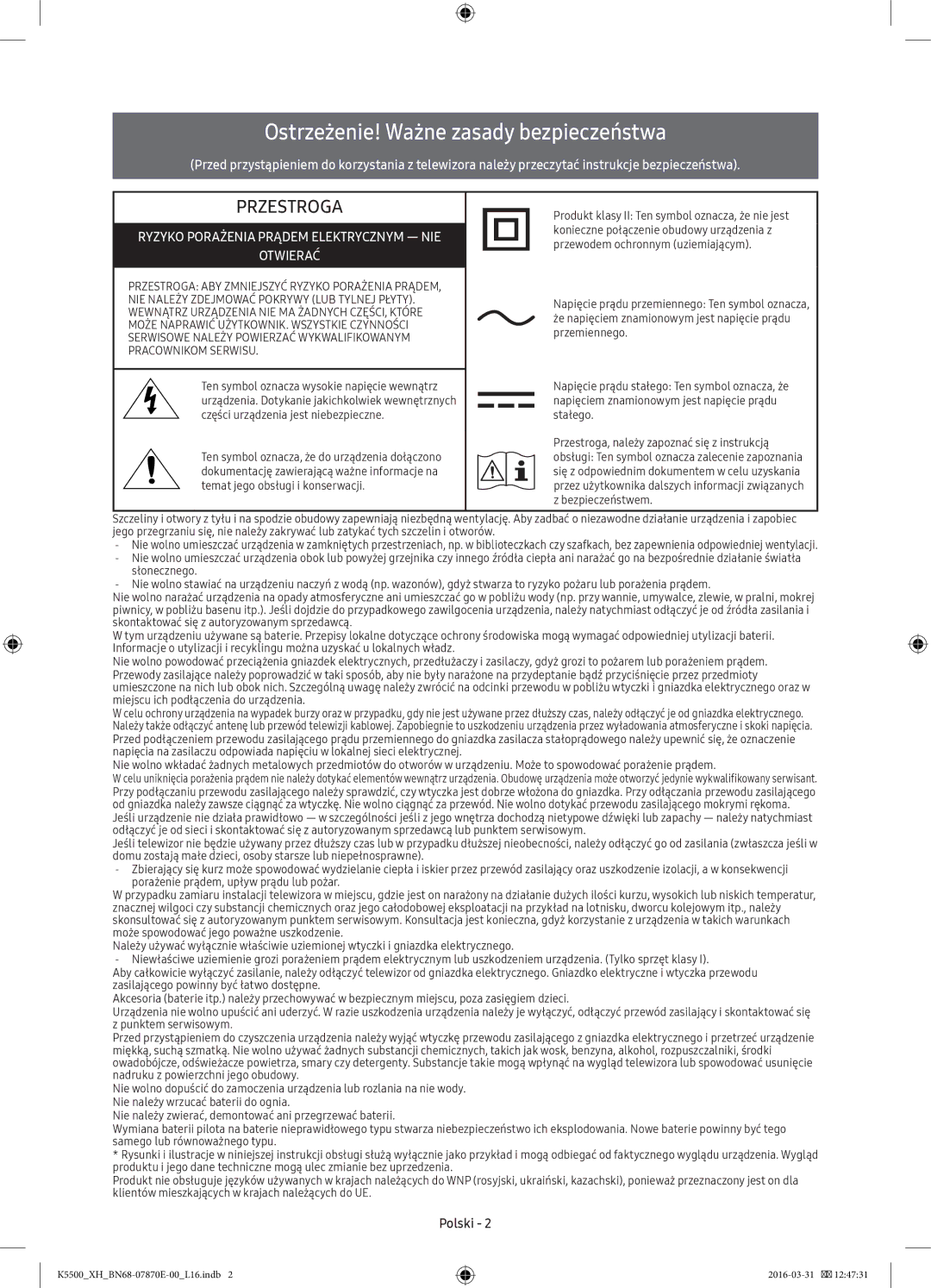 Samsung UE55K5602AKXXH, UE32K5572SUXXH, UE49K5510AWXXH, UE55K5500AWXXH manual Ostrzeżenie! Ważne zasady bezpieczeństwa, Polski 