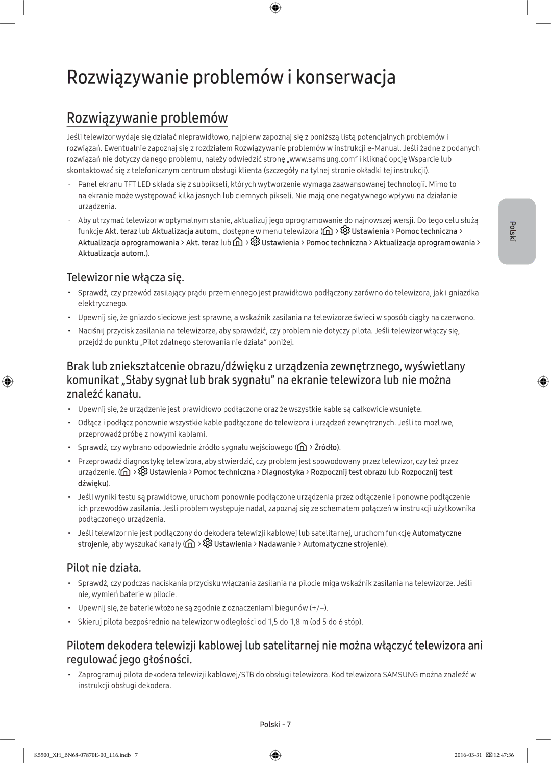 Samsung UE49K5500AWXXN, UE32K5572SUXXH Rozwiązywanie problemów i konserwacja, Telewizor nie włącza się, Pilot nie działa 