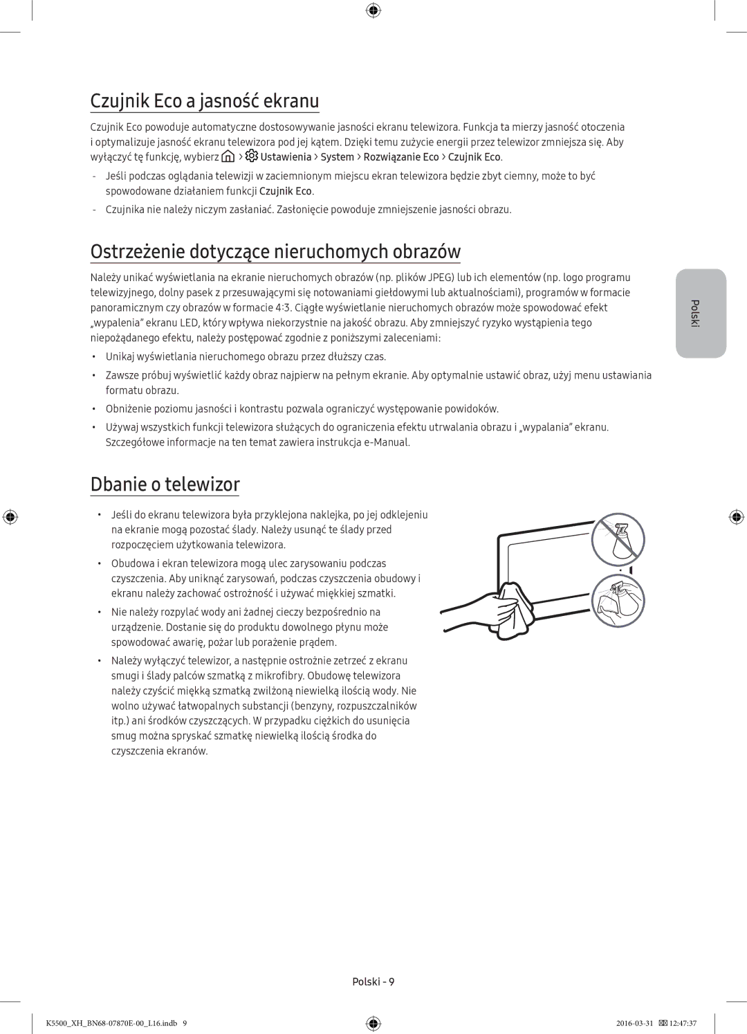 Samsung UE49K5510AWXXN manual Czujnik Eco a jasność ekranu, Ostrzeżenie dotyczące nieruchomych obrazów, Dbanie o telewizor 