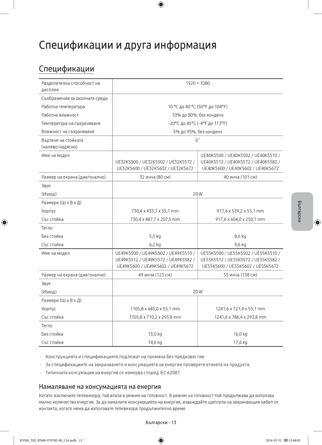 Samsung UE55K5510AWXXH, UE32K5572SUXXH manual Спецификации и друга информация, Намаляване на консумацията на енергия 