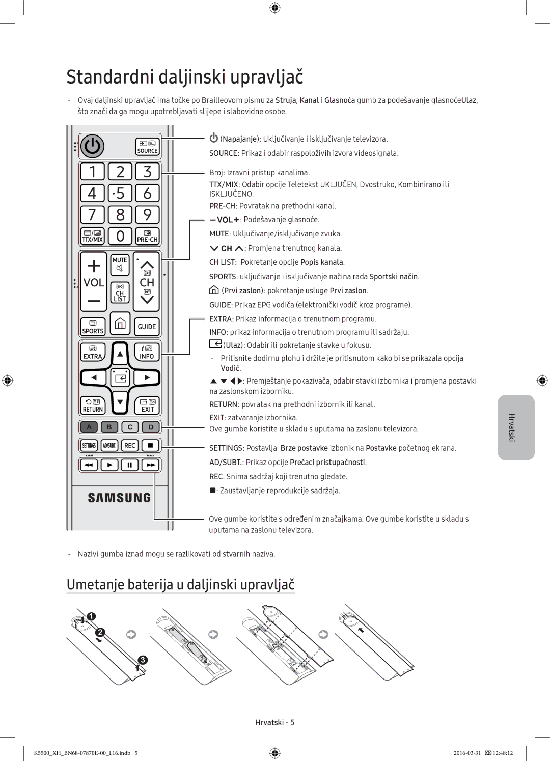 Samsung UE40K5600AWXXH, UE32K5572SUXXH manual Standardni daljinski upravljač, Umetanje baterija u daljinski upravljač 