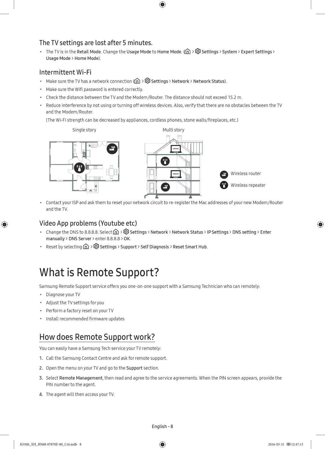 Samsung UE32K5500AWXXH manual What is Remote Support?, How does Remote Support work?, TV settings are lost after 5 minutes 