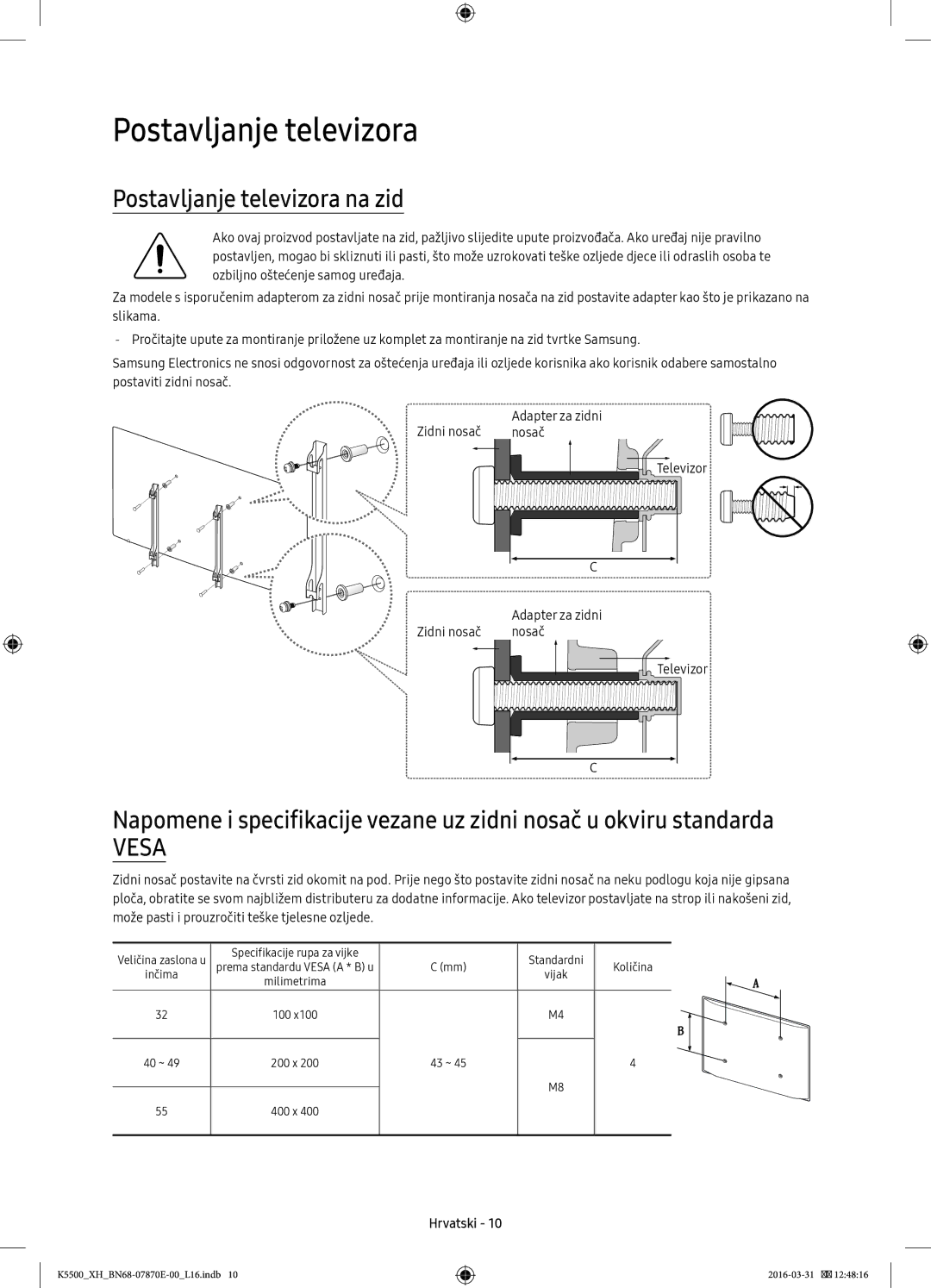 Samsung UE55K5510AWXXN manual Postavljanje televizora na zid, Televizor Adapter za zidni Zidni nosač Nosač 