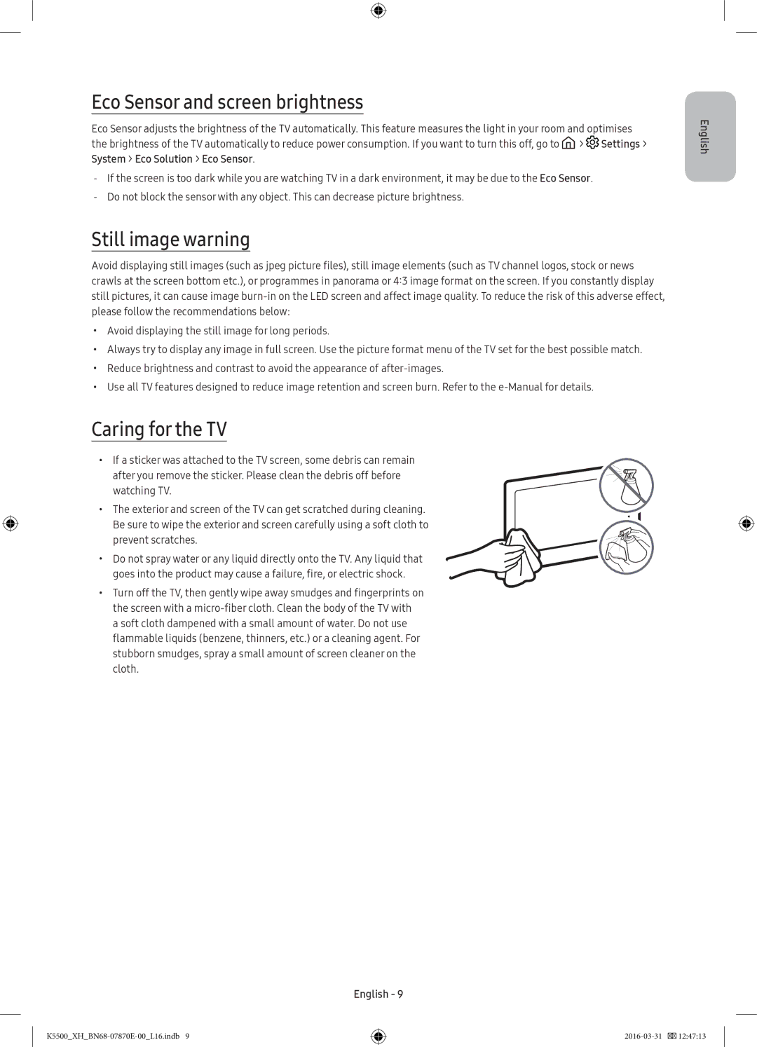 Samsung UE40K5572SUXXH manual Eco Sensor and screen brightness, Still image warning, Caring for the TV, Prevent scratches 