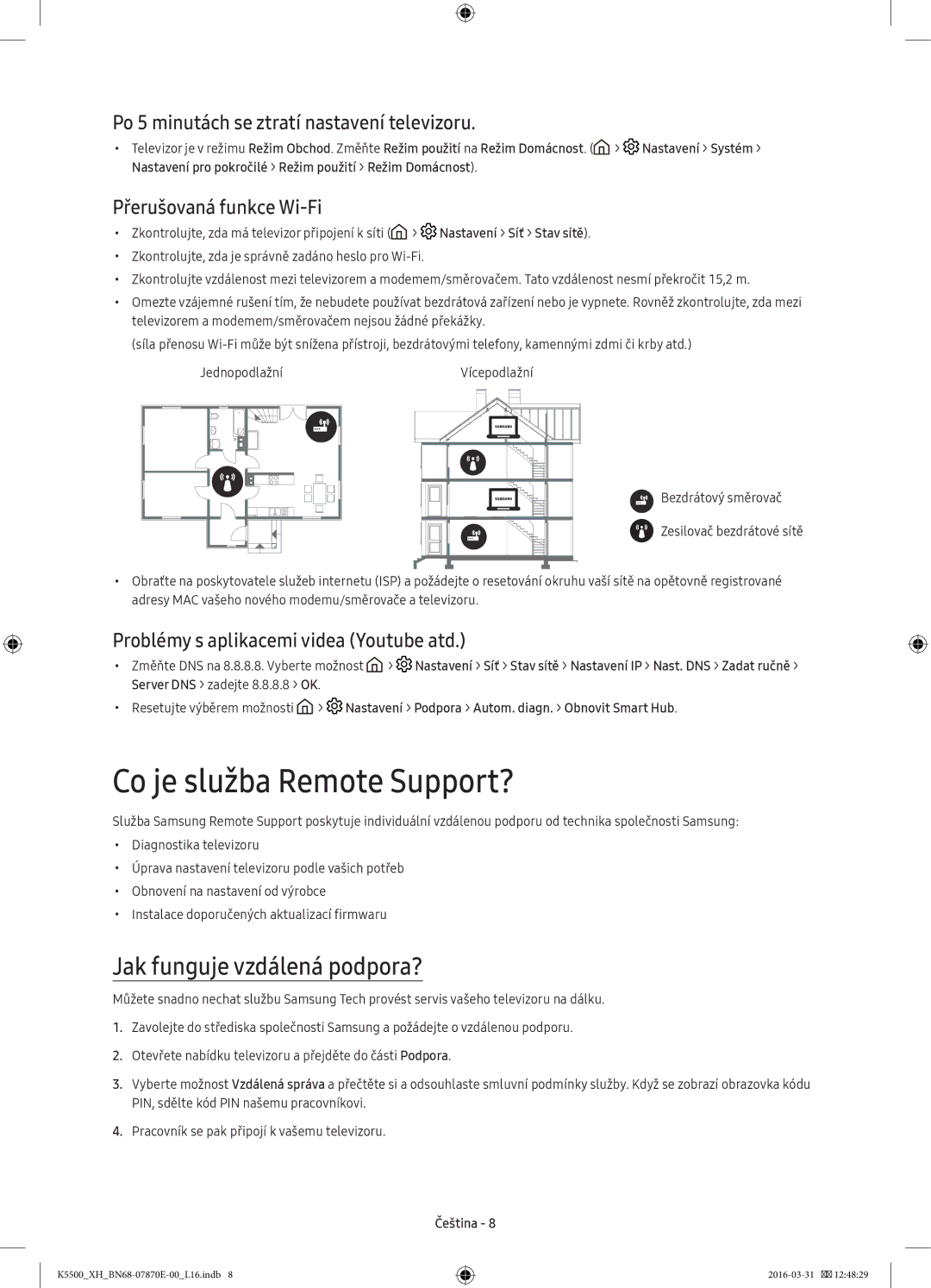 Samsung UE32K5500AWXXH manual Co je služba Remote Support?, Jak funguje vzdálená podpora?, Přerušovaná funkce Wi-Fi 