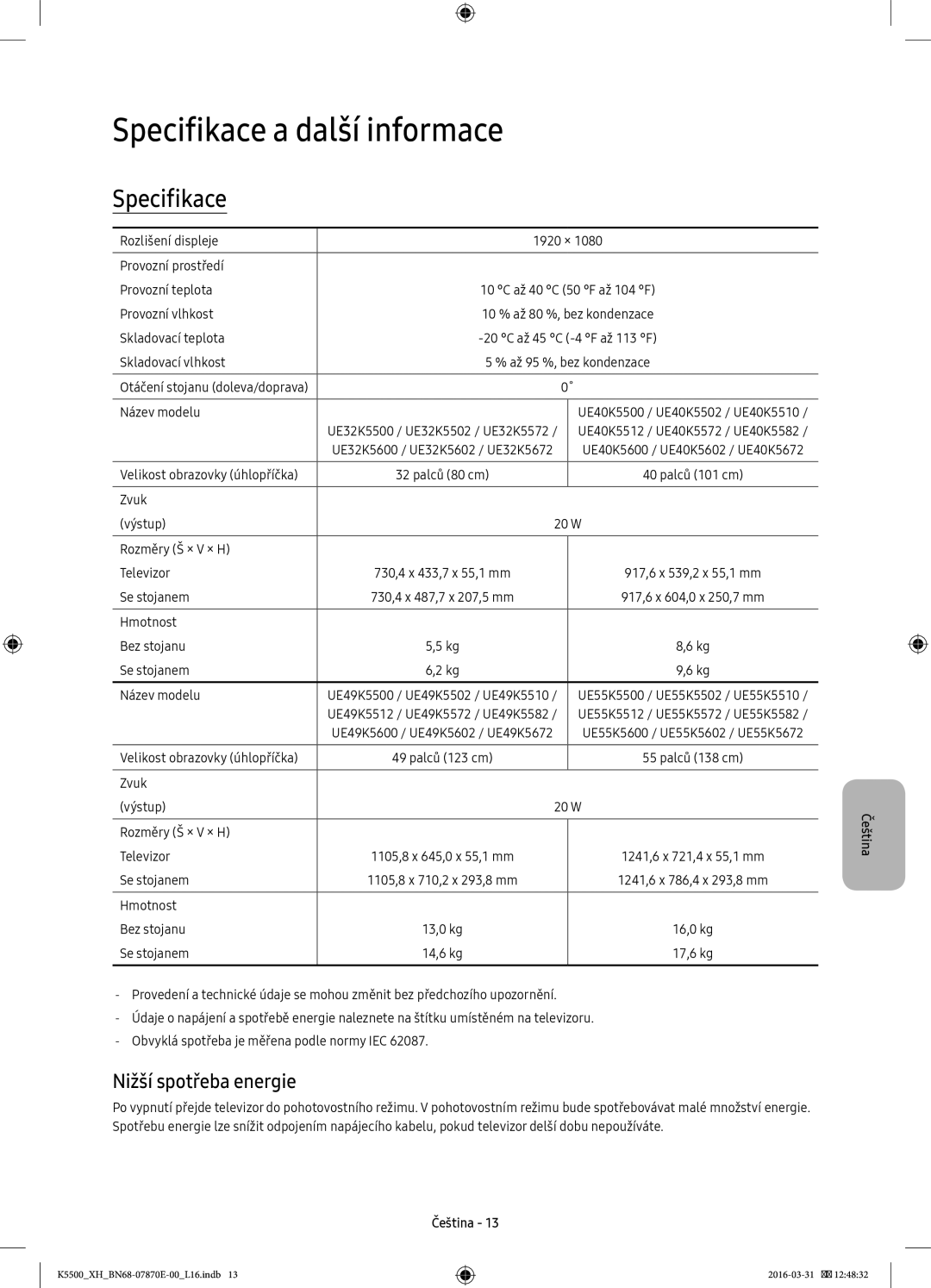 Samsung UE49K5672SUXXH, UE32K5572SUXXH, UE49K5510AWXXH, UE55K5500AWXXH Specifikace a další informace, Nižší spotřeba energie 