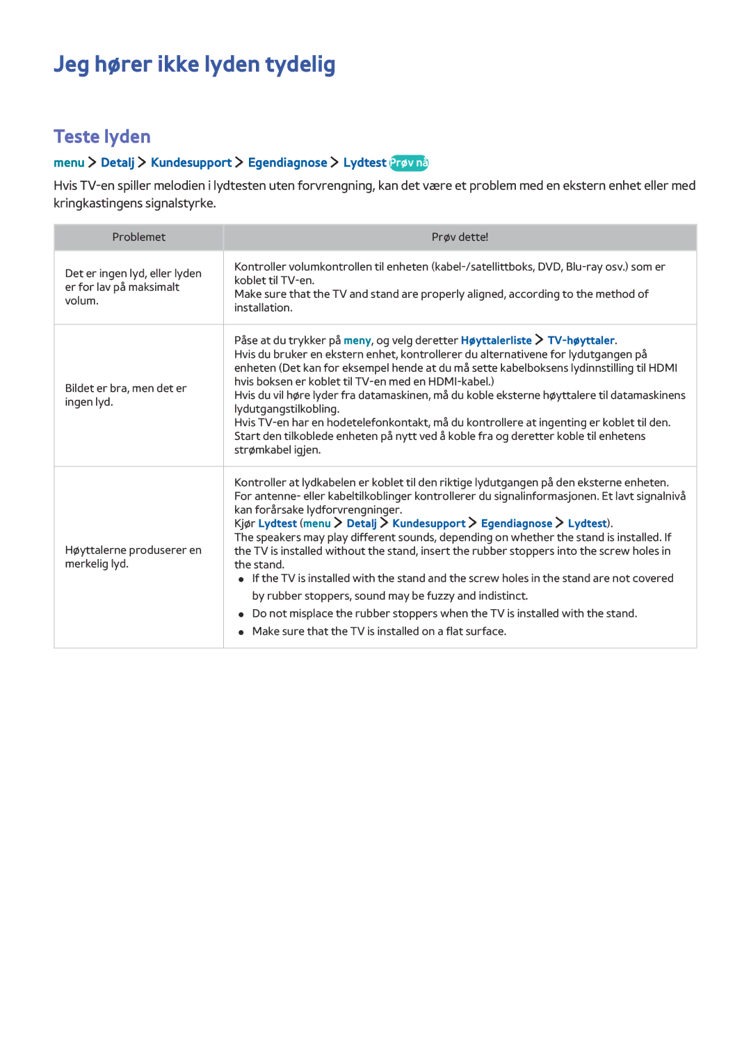 Samsung UE32LS001EUXXE Jeg hører ikke lyden tydelig, Teste lyden, Menu Detalj Kundesupport Egendiagnose Lydtest Prøv nå 