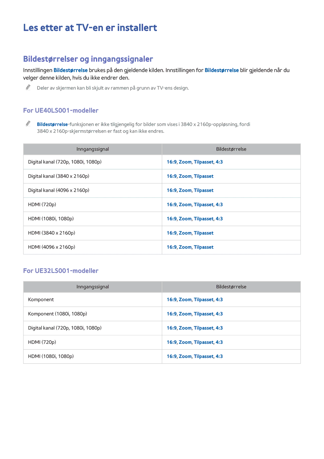 Samsung UE32LS001AUXXE manual Les etter at TV-en er installert, Bildestørrelser og inngangssignaler, For UE40LS001-modeller 