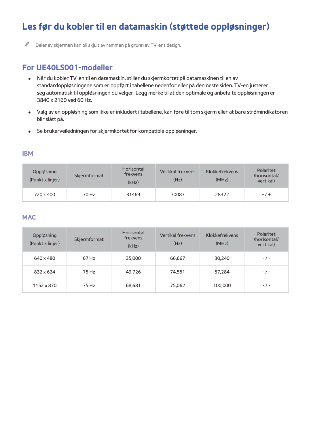 Samsung UE32LS001BUXXE, UE32LS001DUXXE Les før du kobler til en datamaskin støttede oppløsninger, For UE40LS001-modeller 