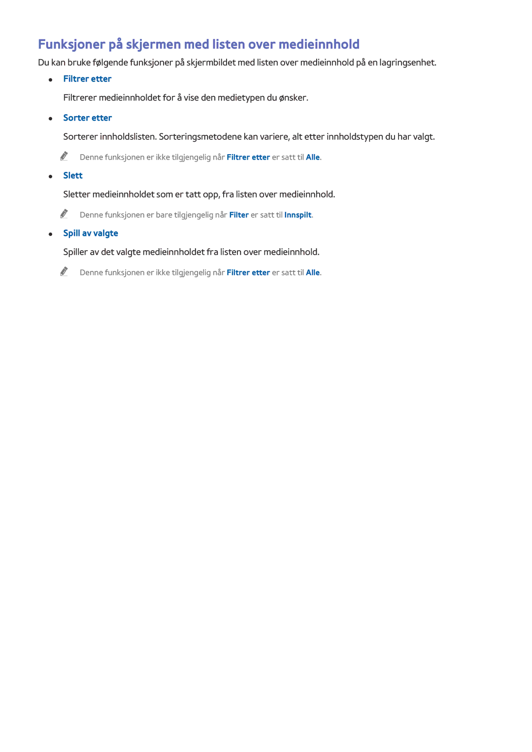 Samsung UE32LS001AUXXE manual Funksjoner på skjermen med listen over medieinnhold, Filtrer etter, Sorter etter, Slett 