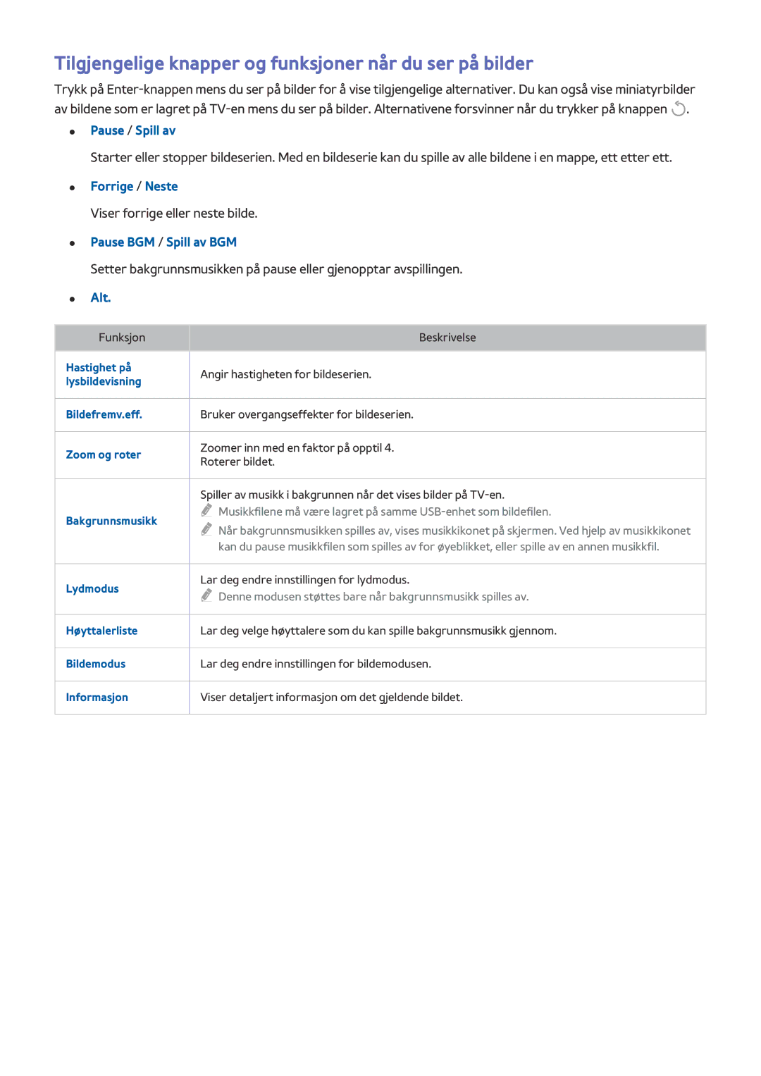 Samsung UE32LS001FUXXE manual Tilgjengelige knapper og funksjoner når du ser på bilder, Pause / Spill av, Forrige / Neste 