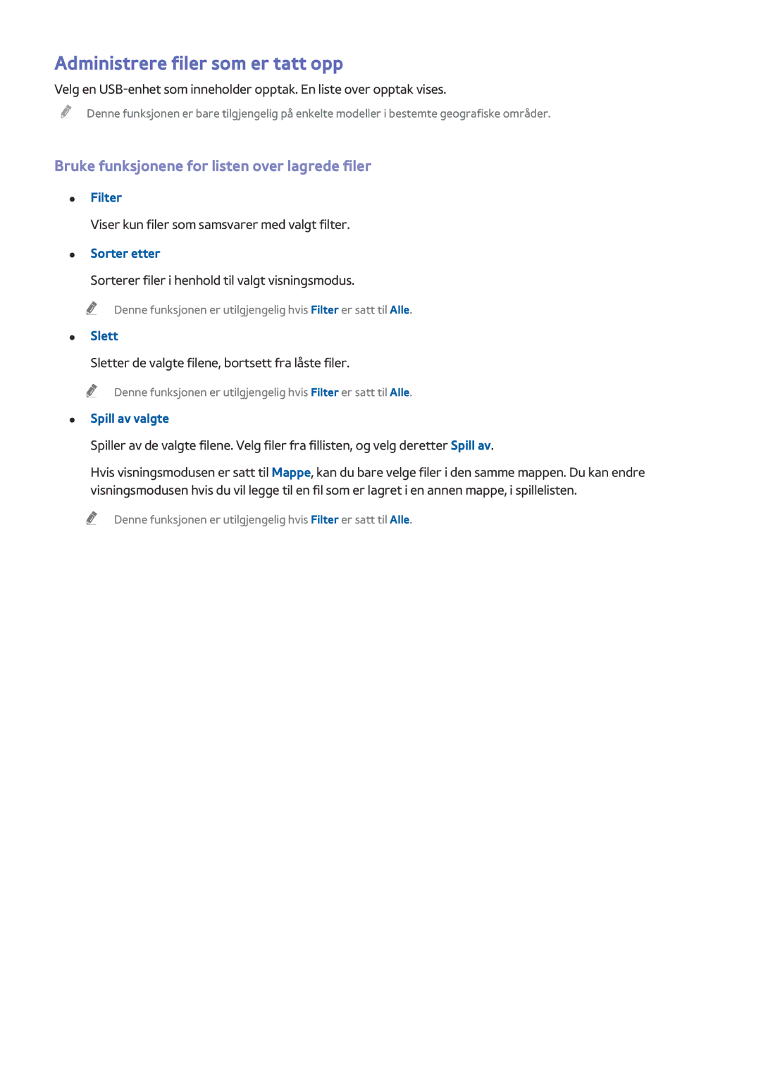 Samsung UE32LS001FUXXE manual Administrere filer som er tatt opp, Bruke funksjonene for listen over lagrede filer, Filter 