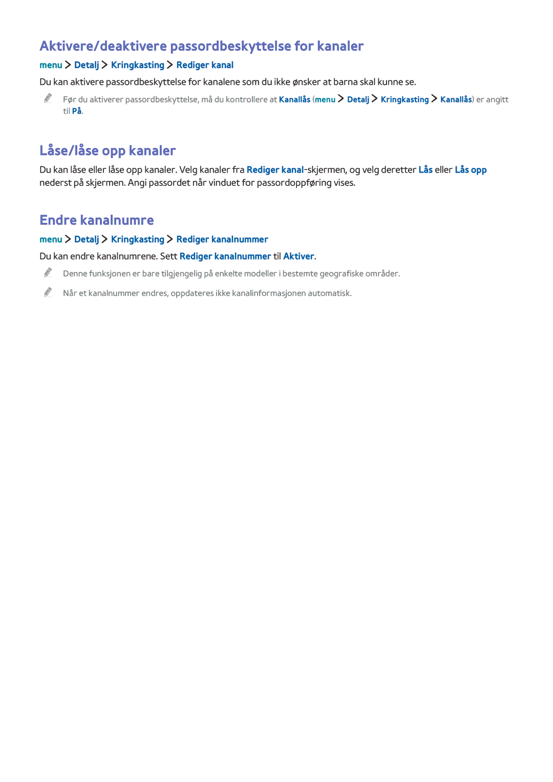 Samsung UE40LS001CUXXE manual Aktivere/deaktivere passordbeskyttelse for kanaler, Låse/låse opp kanaler, Endre kanalnumre 