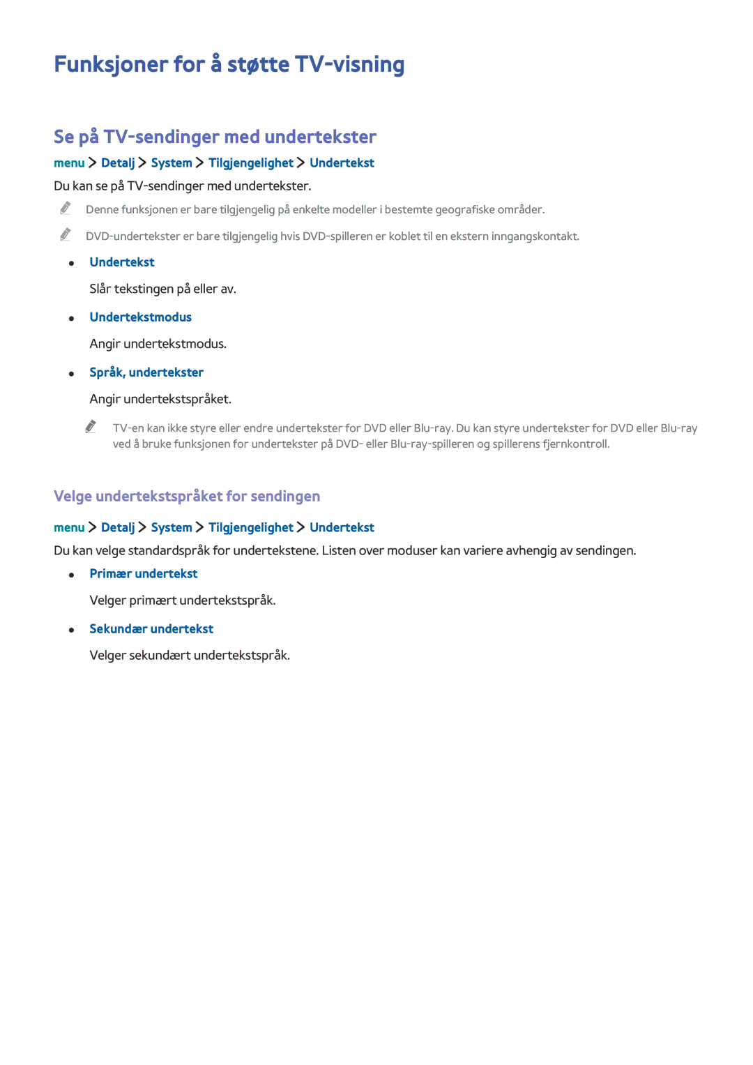 Samsung UE24LS001BUXXE, UE32LS001BUXXE manual Funksjoner for å støtte TV-visning, Se på TV-sendinger med undertekster 