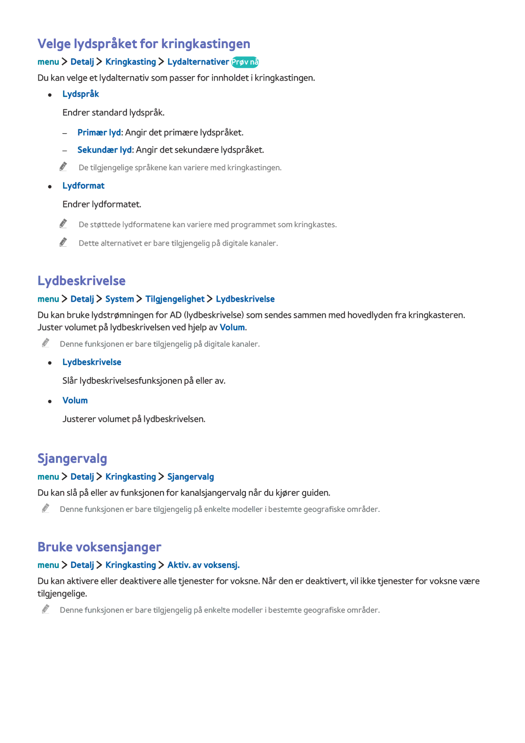 Samsung UE32LS001DUXXE manual Velge lydspråket for kringkastingen, Lydbeskrivelse, Sjangervalg, Bruke voksensjanger 