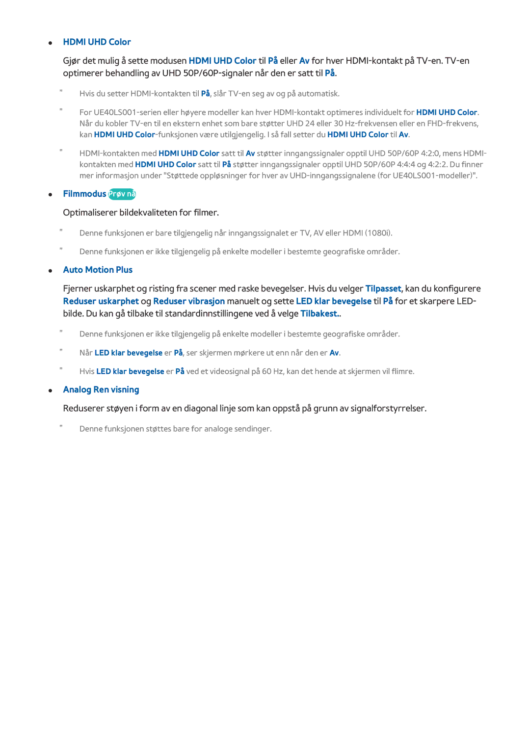 Samsung UE24LS001BUXXE manual Hdmi UHD Color, Filmmodus Prøv nå, Optimaliserer bildekvaliteten for filmer, Auto Motion Plus 