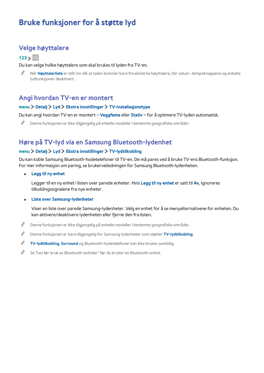 Samsung UE40LS001CUXXE, UE32LS001BUXXE Bruke funksjoner for å støtte lyd, Velge høyttalere, Angi hvordan TV-en er montert 