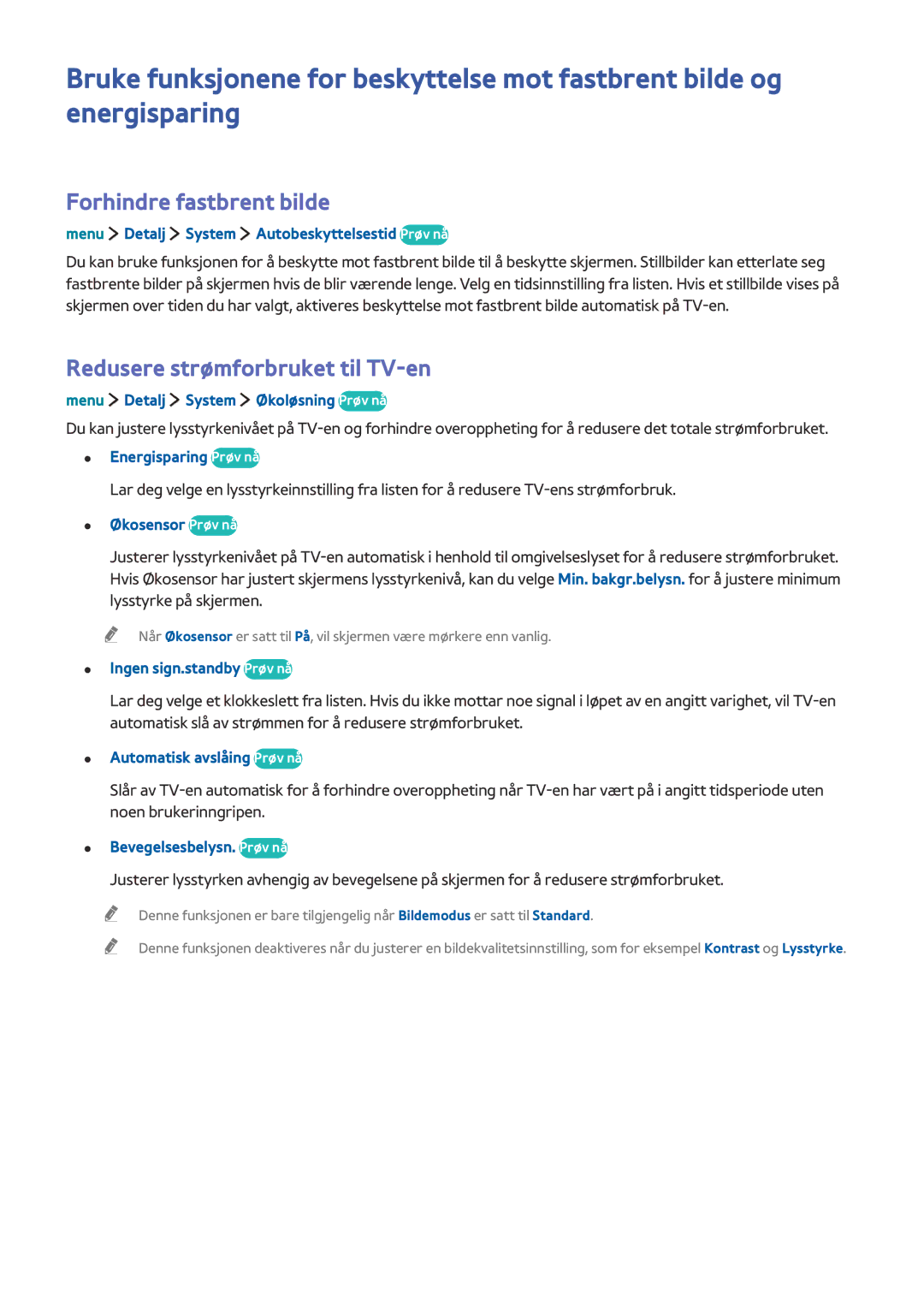 Samsung UE32LS001EUXXE, UE32LS001BUXXE, UE32LS001DUXXE manual Forhindre fastbrent bilde, Redusere strømforbruket til TV-en 