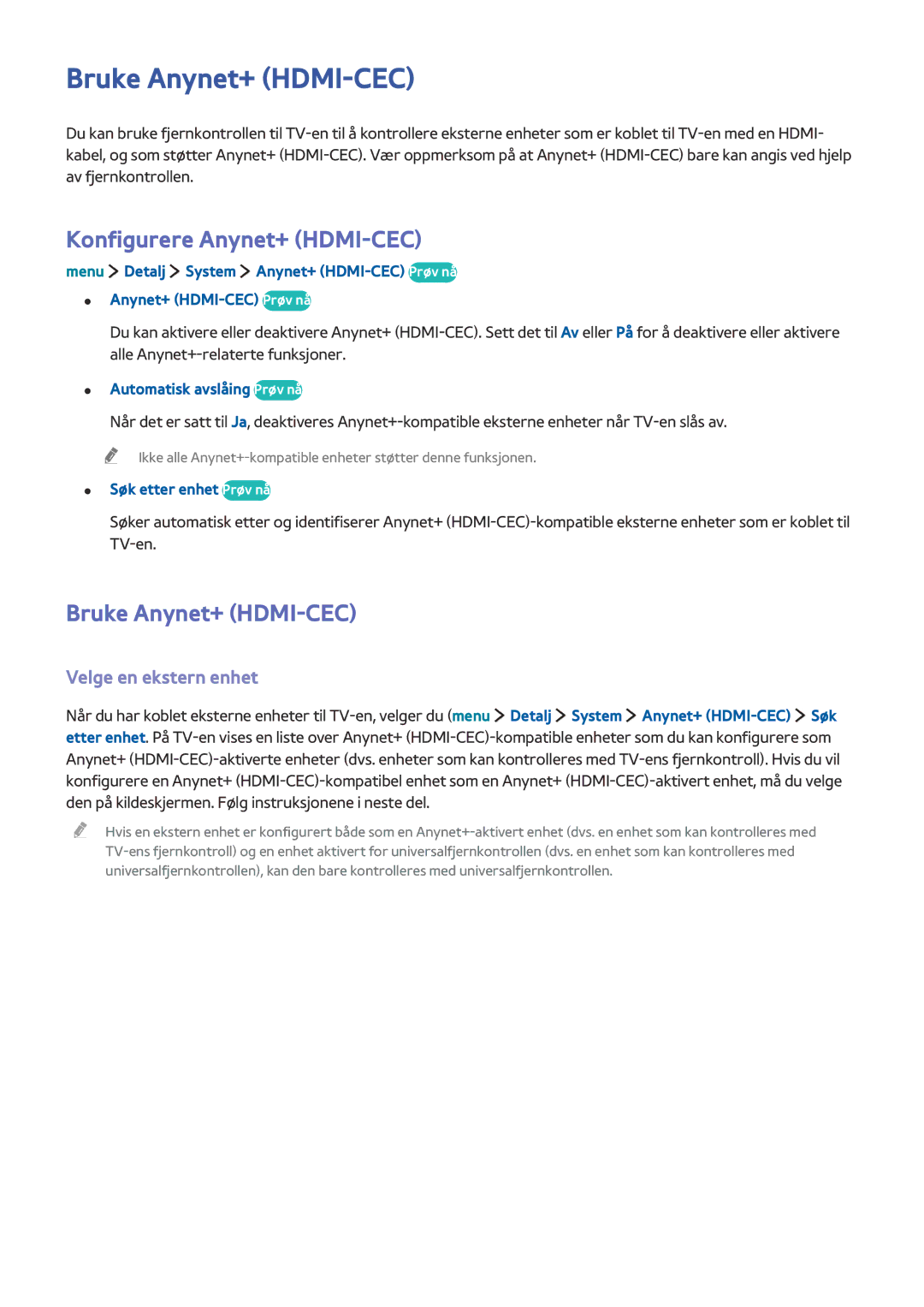 Samsung UE24LS001AUXXE, UE32LS001BUXXE manual Bruke Anynet+ HDMI-CEC, Konfigurere Anynet+ HDMI-CEC, Velge en ekstern enhet 