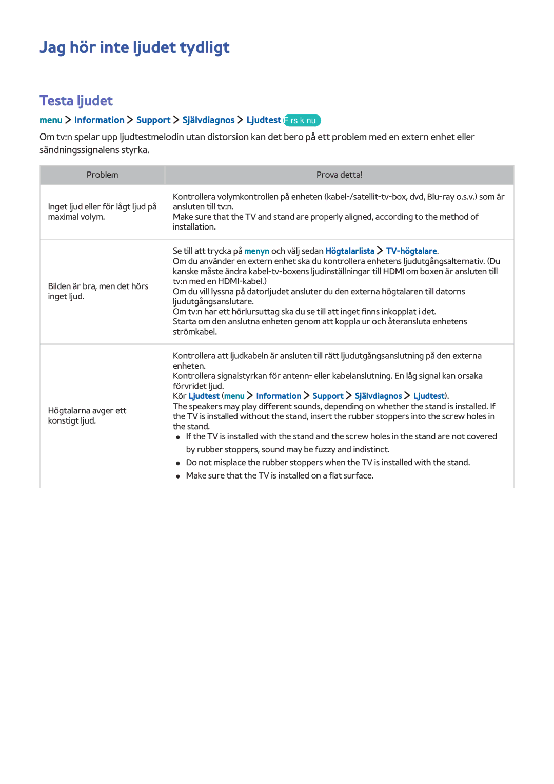 Samsung UE32LS001EUXXE Jag hör inte ljudet tydligt, Testa ljudet, Menu Information Support Självdiagnos Ljudtest Försök nu 