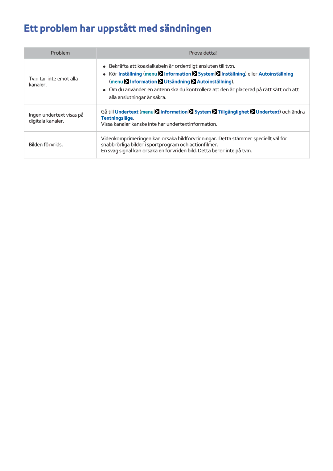 Samsung UE24LS001AUXXE Ett problem har uppstått med sändningen, Menu Information Utsändning Autoinställning, Textningsläge 