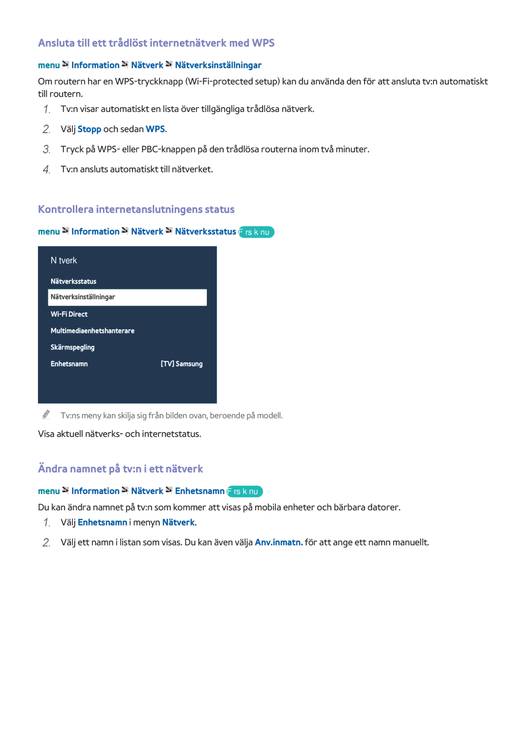 Samsung UE32LS001EUXXE manual Ansluta till ett trådlöst internetnätverk med WPS, Kontrollera internetanslutningens status 