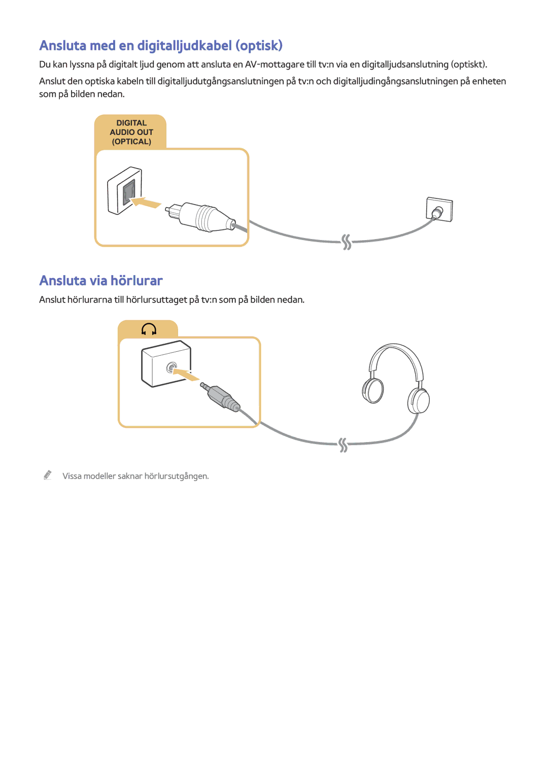 Samsung UE32LS001AUXXE, UE32LS001BUXXE, UE32LS001DUXXE manual Ansluta med en digitalljudkabel optisk, Ansluta via hörlurar 