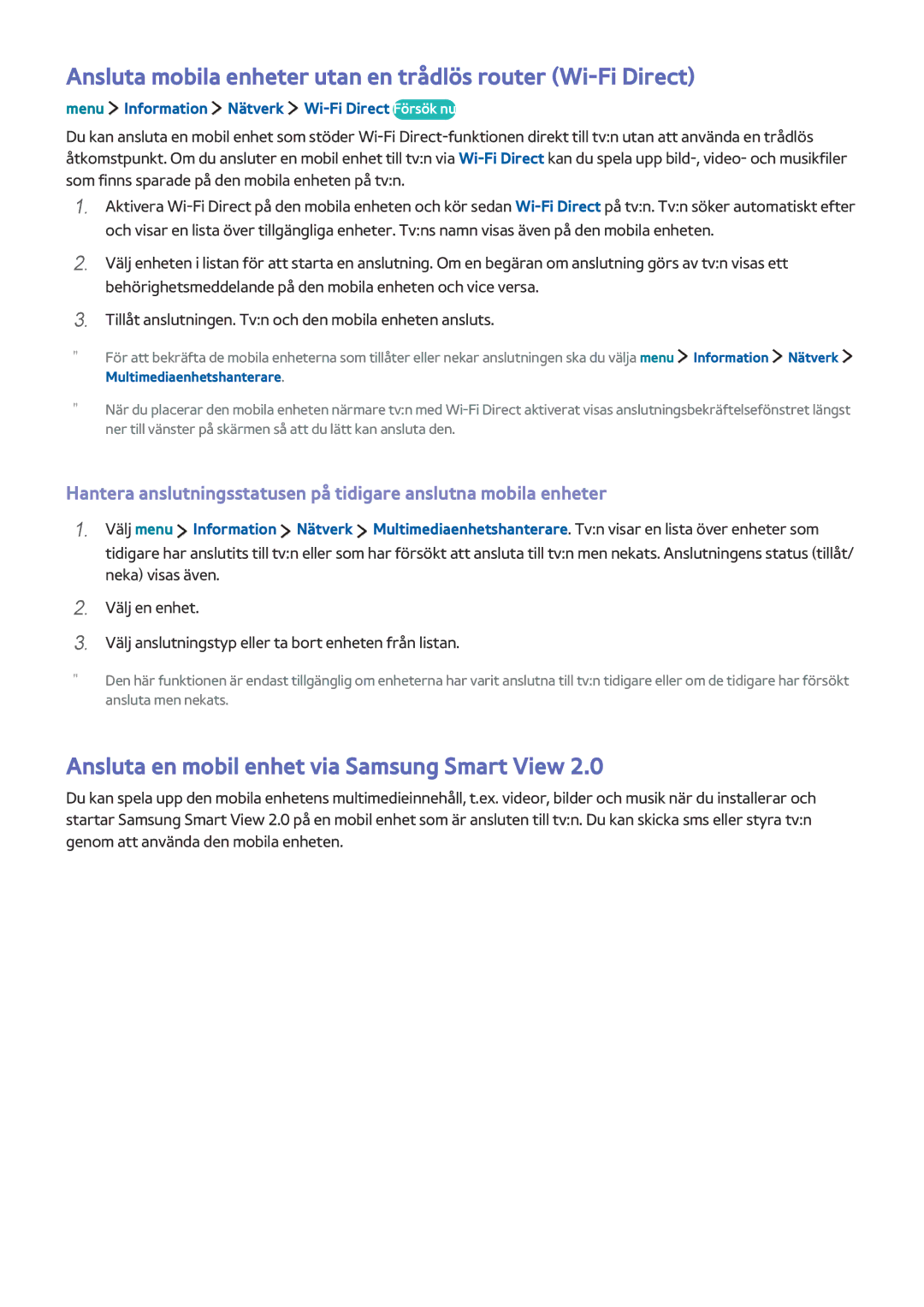 Samsung UE32LS001DUXXE, UE32LS001BUXXE, UE32LS001CUXXE manual Ansluta mobila enheter utan en trådlös router Wi-Fi Direct 