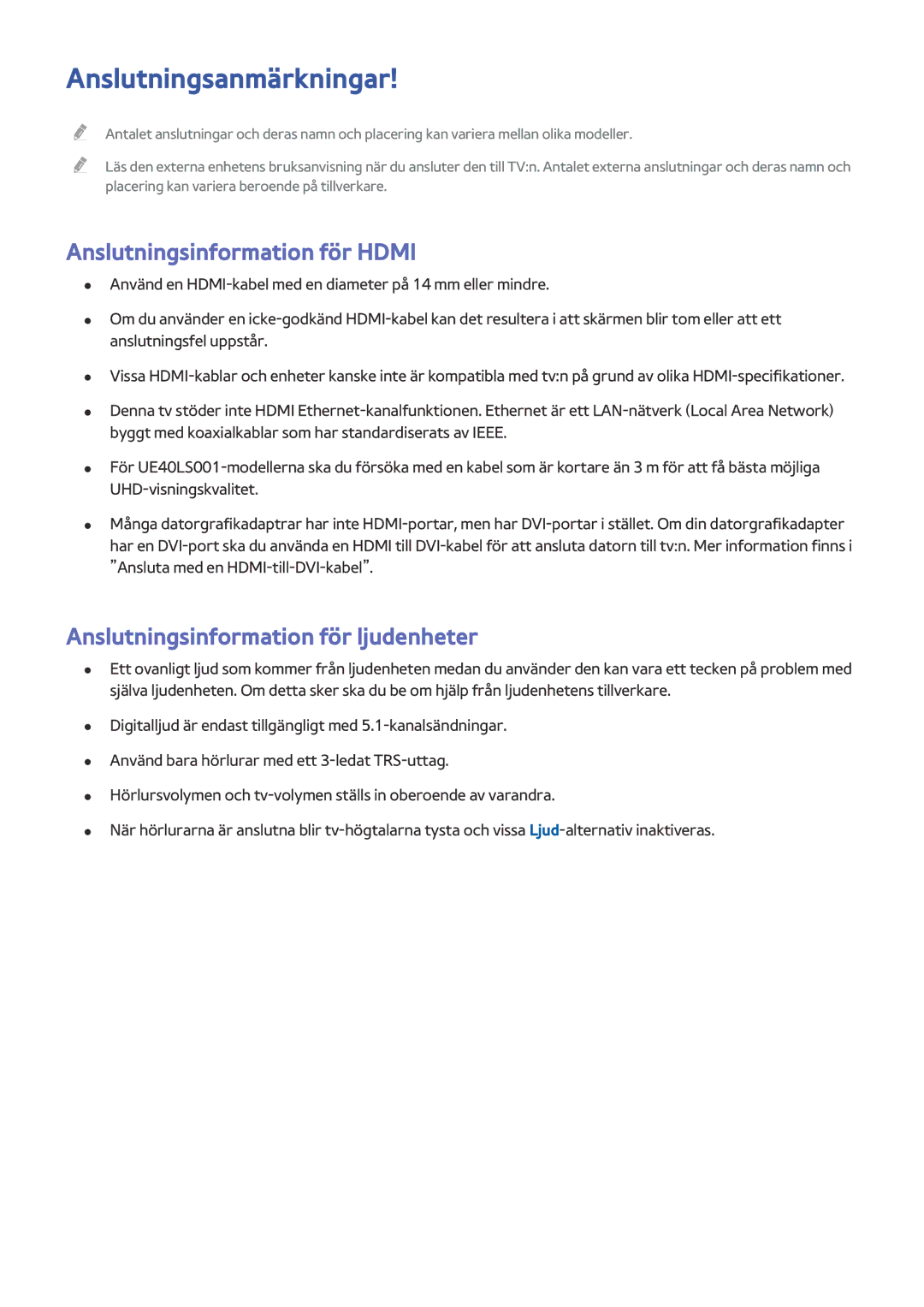 Samsung UE32LS001EUXXE Anslutningsanmärkningar, Anslutningsinformation för Hdmi, Anslutningsinformation för ljudenheter 