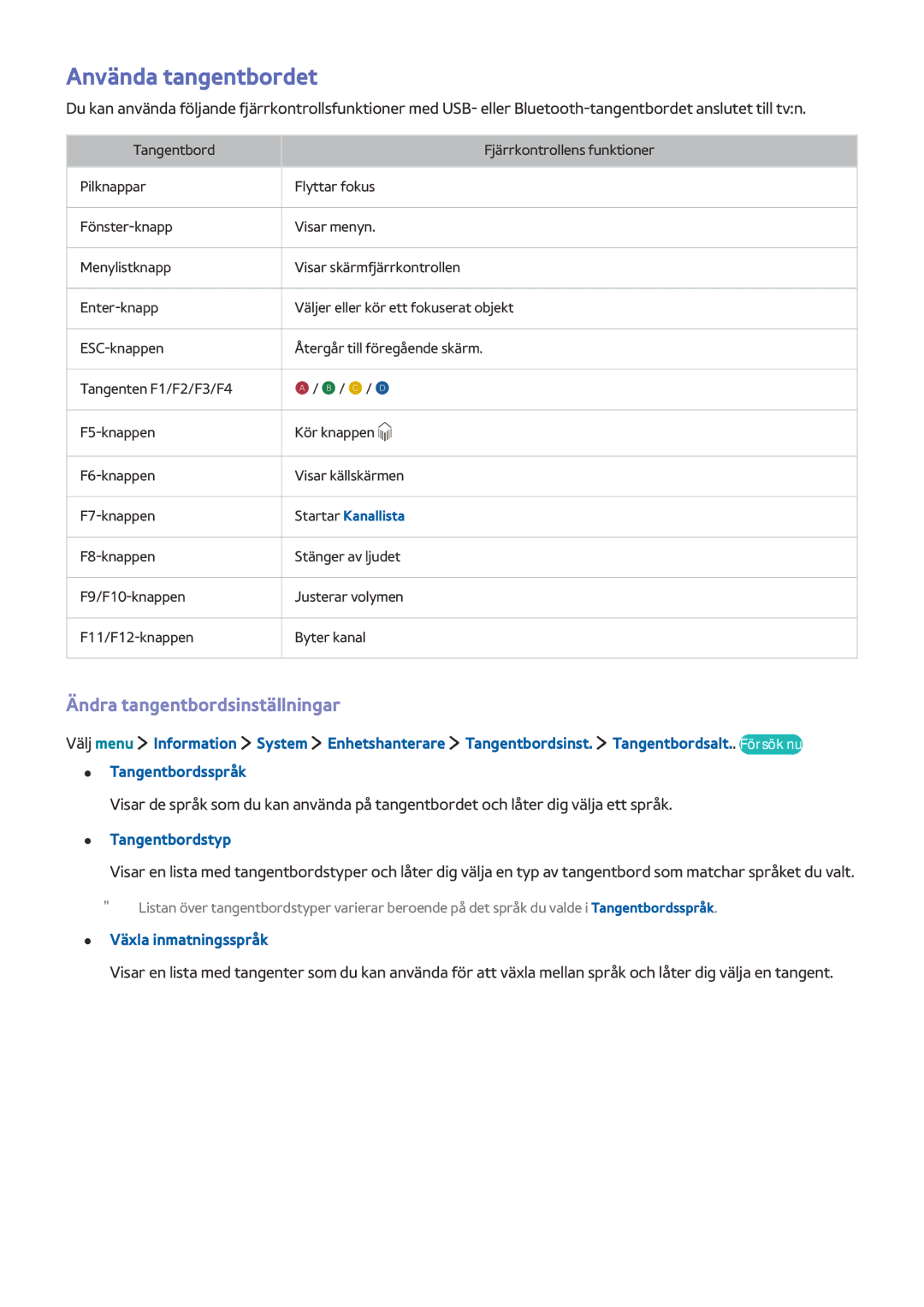 Samsung UE32LS001CUXXE Använda tangentbordet, Ändra tangentbordsinställningar, Tangentbordstyp, Växla inmatningsspråk 