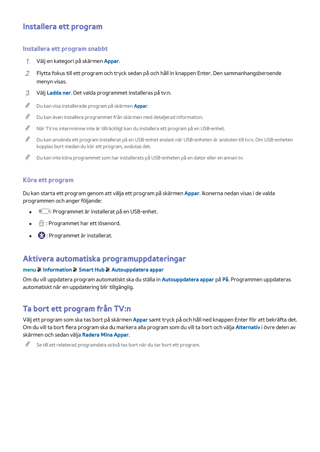 Samsung UE32LS001DUXXE Installera ett program, Aktivera automatiska programuppdateringar, Ta bort ett program från TVn 