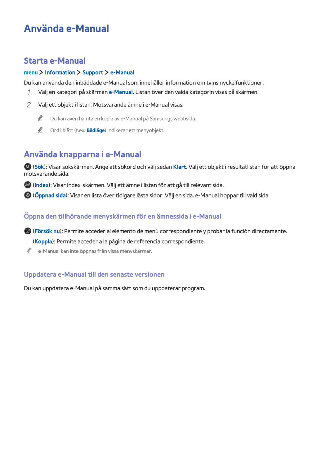 Samsung UE32LS001EUXXE Använda e-Manual, Starta e-Manual, Använda knapparna i e-Manual, Menu Information Support e-Manual 