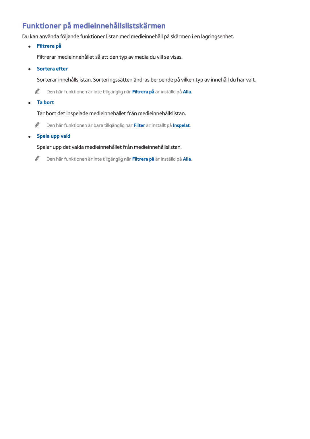 Samsung UE32LS001AUXXE manual Funktioner på medieinnehållslistskärmen, Filtrera på, Sortera efter, Ta bort, Spela upp vald 