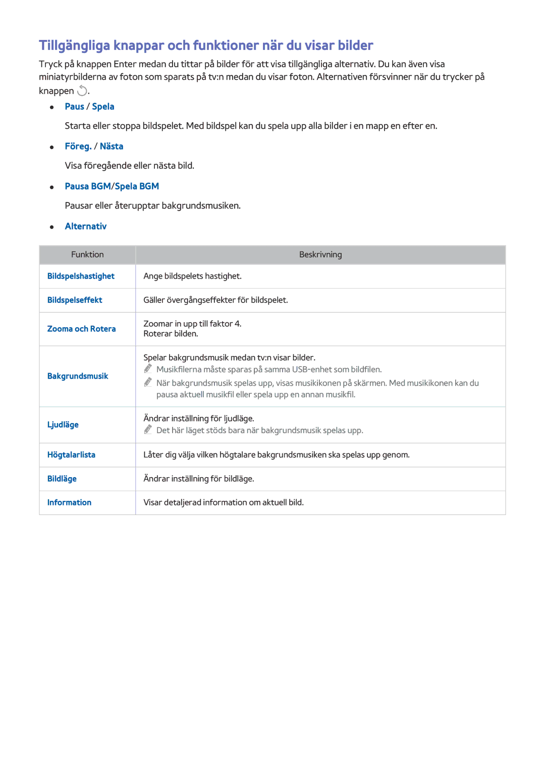 Samsung UE32LS001FUXXE manual Tillgängliga knappar och funktioner när du visar bilder, Paus / Spela, Föreg. / Nästa 