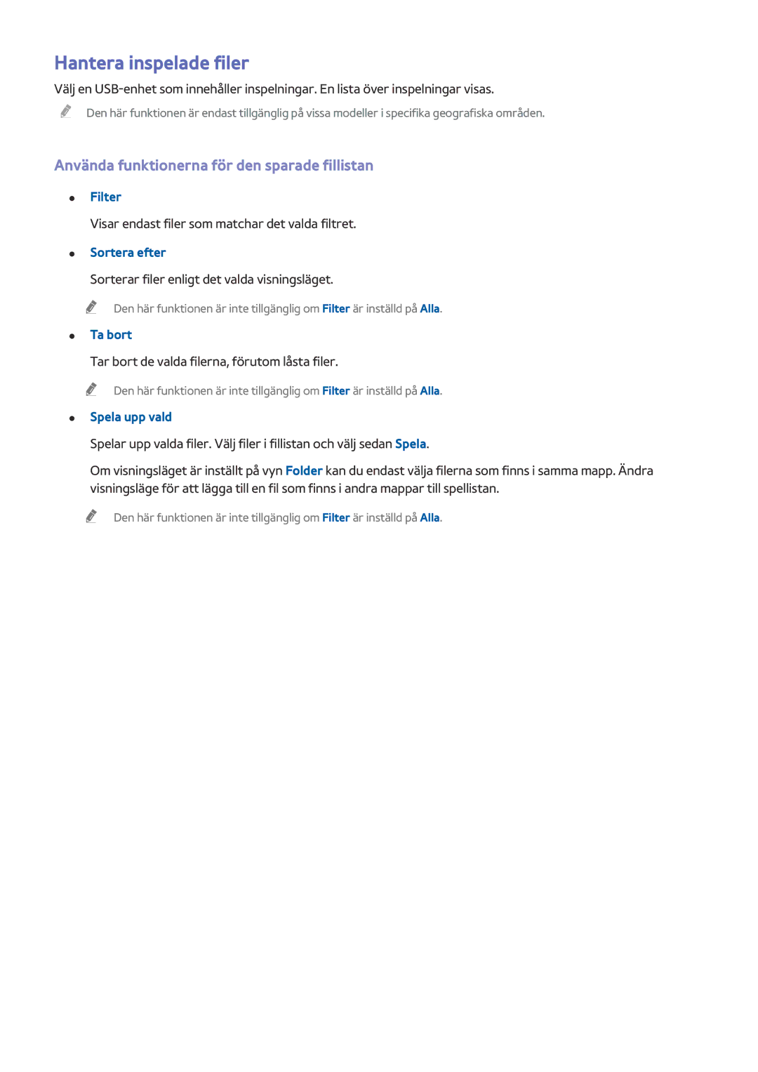 Samsung UE32LS001FUXXE, UE32LS001BUXXE Hantera inspelade filer, Använda funktionerna för den sparade fillistan, Filter 