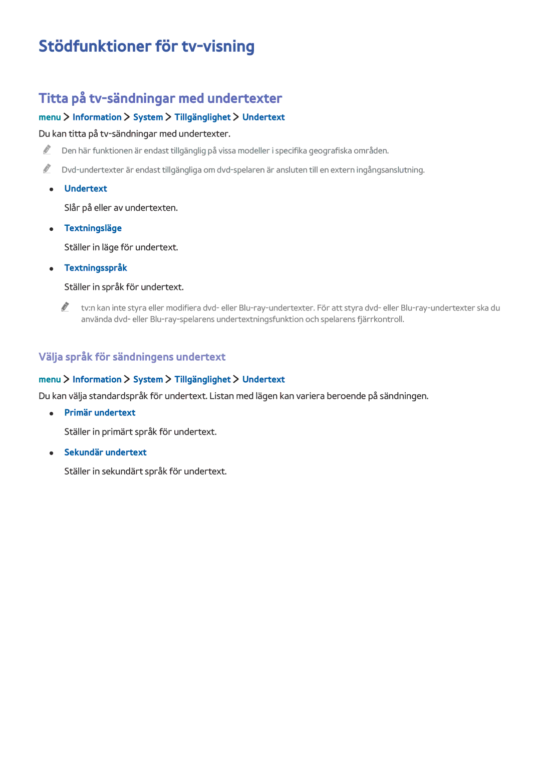 Samsung UE24LS001BUXXE, UE32LS001BUXXE manual Stödfunktioner för tv-visning, Titta på tv-sändningar med undertexter 