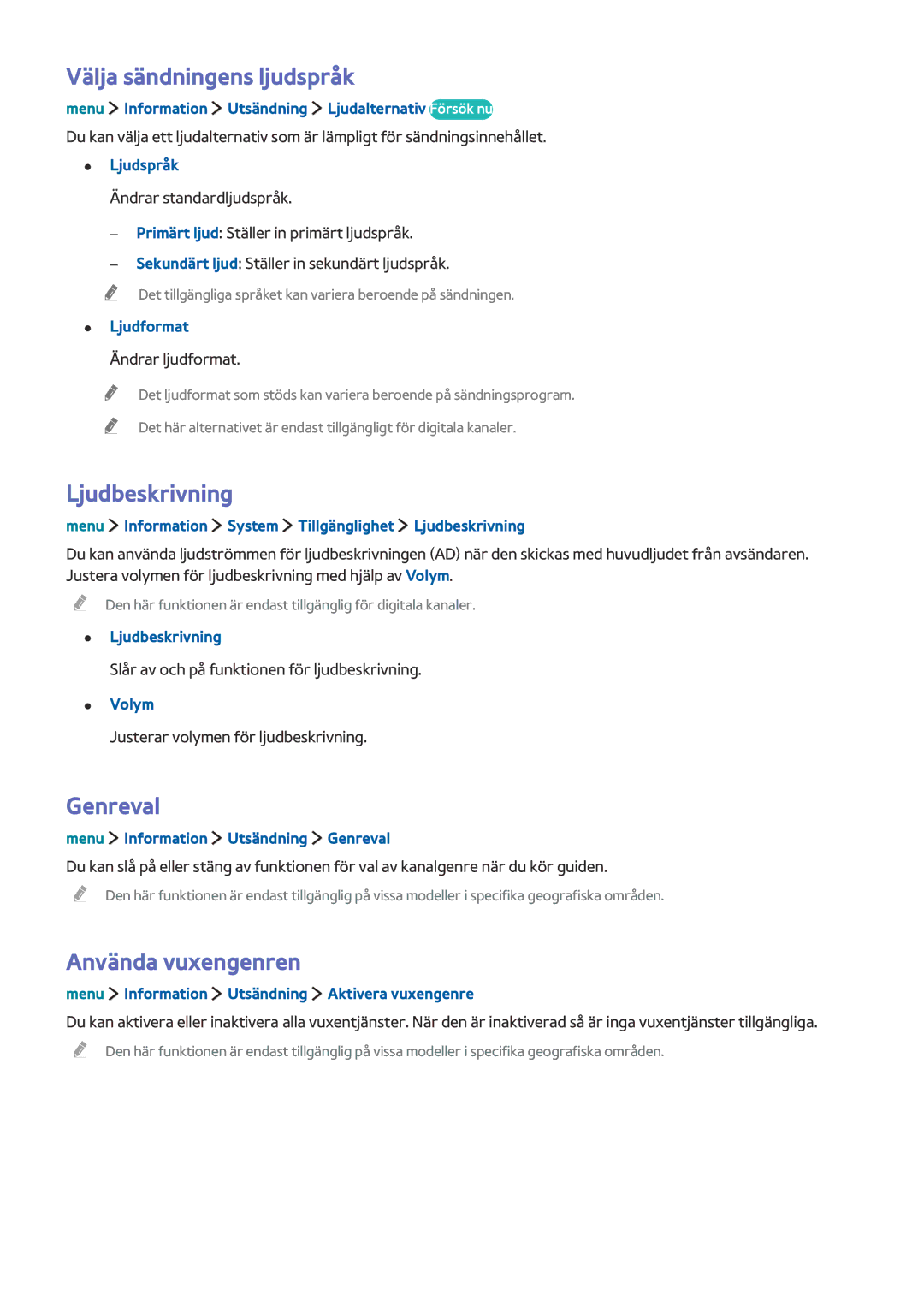 Samsung UE32LS001DUXXE, UE32LS001BUXXE manual Välja sändningens ljudspråk, Ljudbeskrivning, Genreval, Använda vuxengenren 