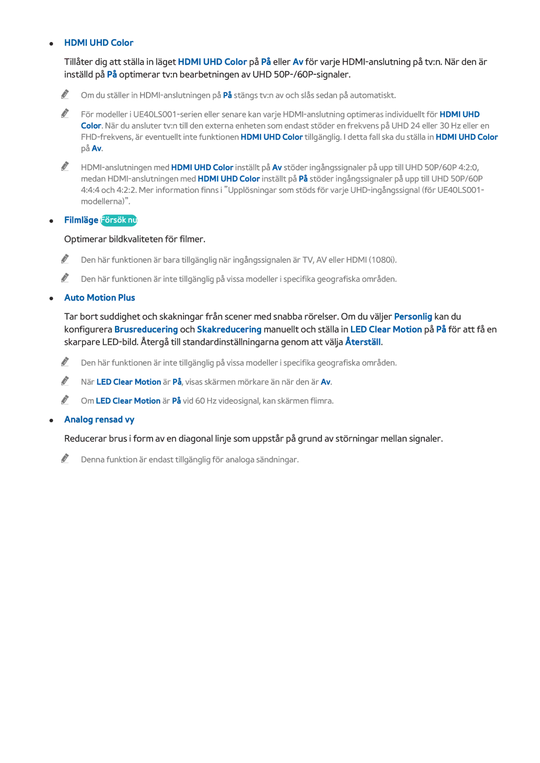 Samsung UE24LS001BUXXE manual Hdmi UHD Color, Filmläge Försök nu, Optimerar bildkvaliteten för filmer, Auto Motion Plus 