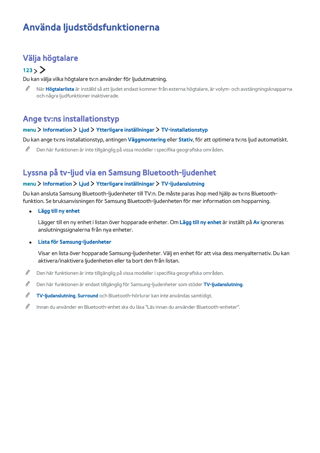 Samsung UE40LS001CUXXE, UE32LS001BUXXE manual Använda ljudstödsfunktionerna, Välja högtalare, Ange tvns installationstyp 