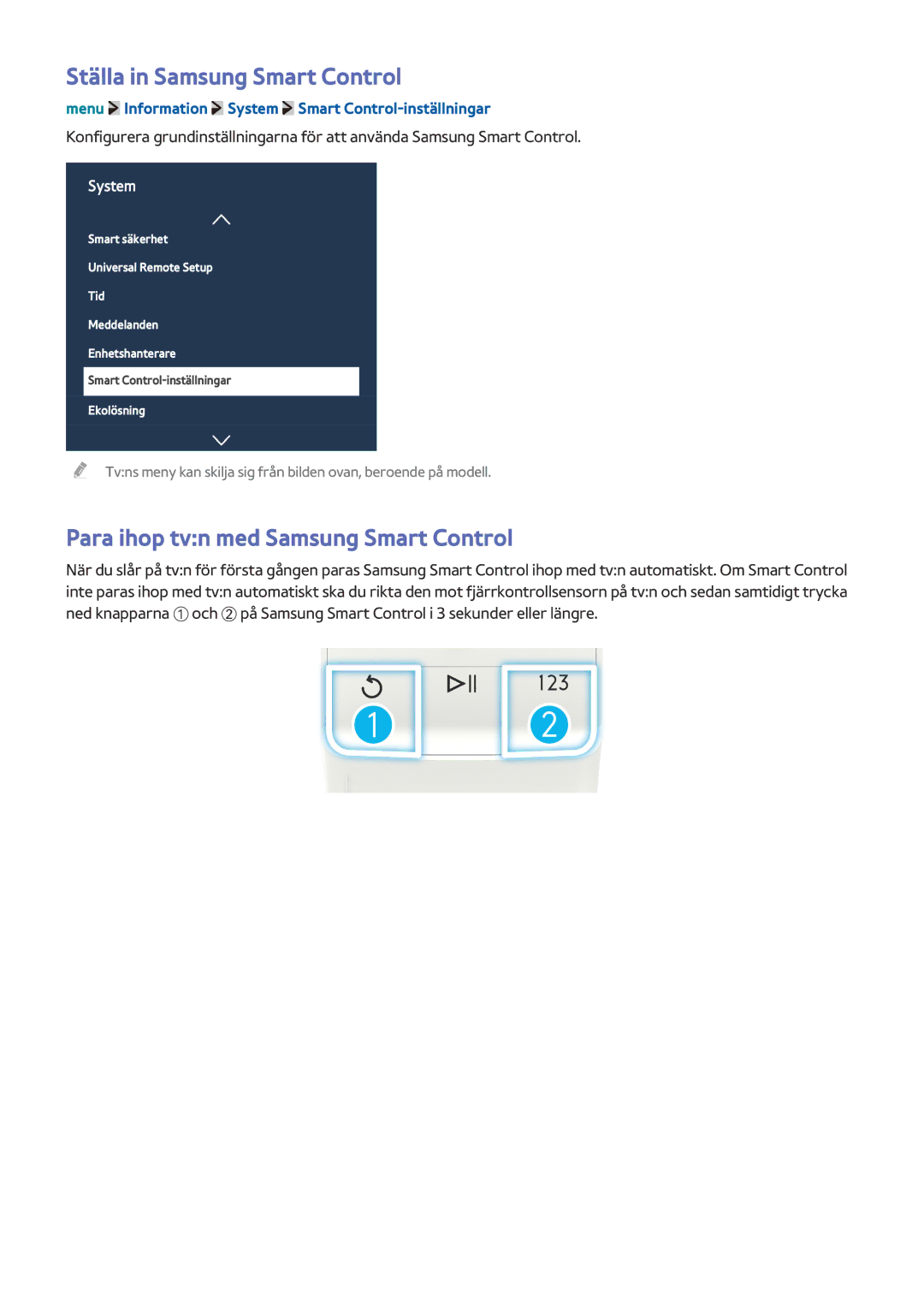 Samsung UE24LS001BUXXE, UE32LS001BUXXE manual Ställa in Samsung Smart Control, Para ihop tvn med Samsung Smart Control 