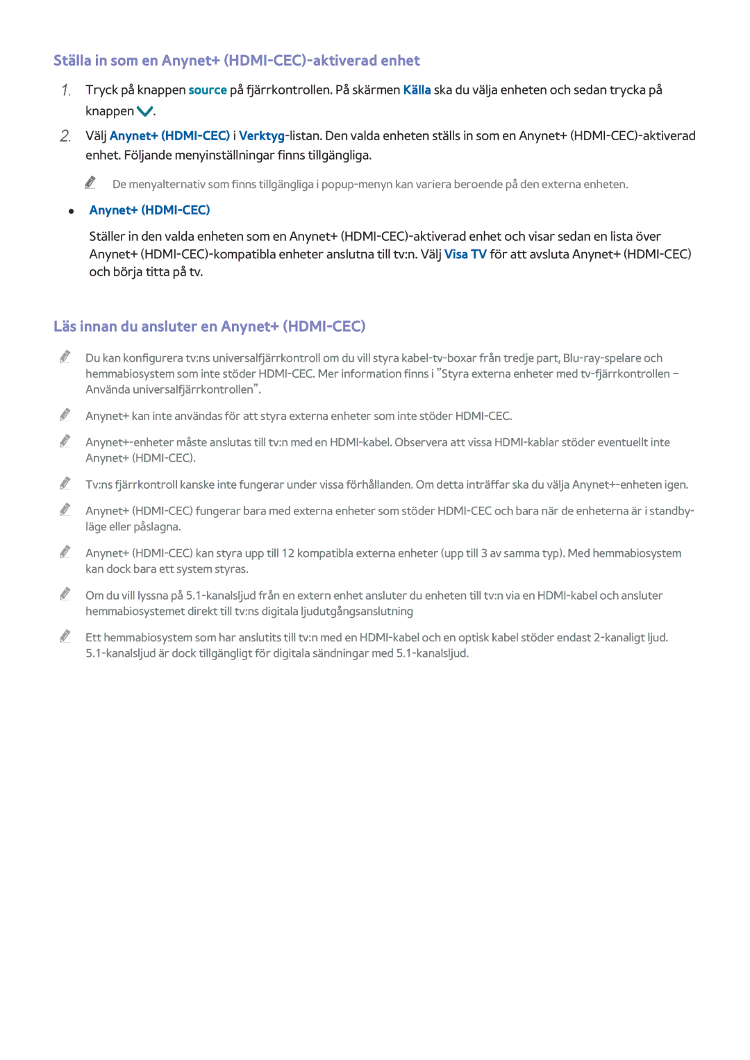 Samsung UE40LS001CUXXE manual Ställa in som en Anynet+ HDMI-CEC-aktiverad enhet, Läs innan du ansluter en Anynet+ HDMI-CEC 