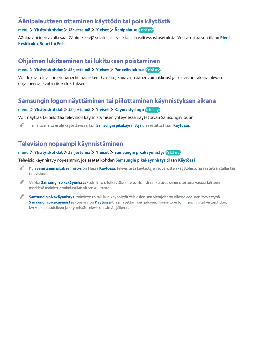 Samsung UE32LS001CUXXE manual Äänipalautteen ottaminen käyttöön tai pois käytöstä, Television nopeampi käynnistäminen 