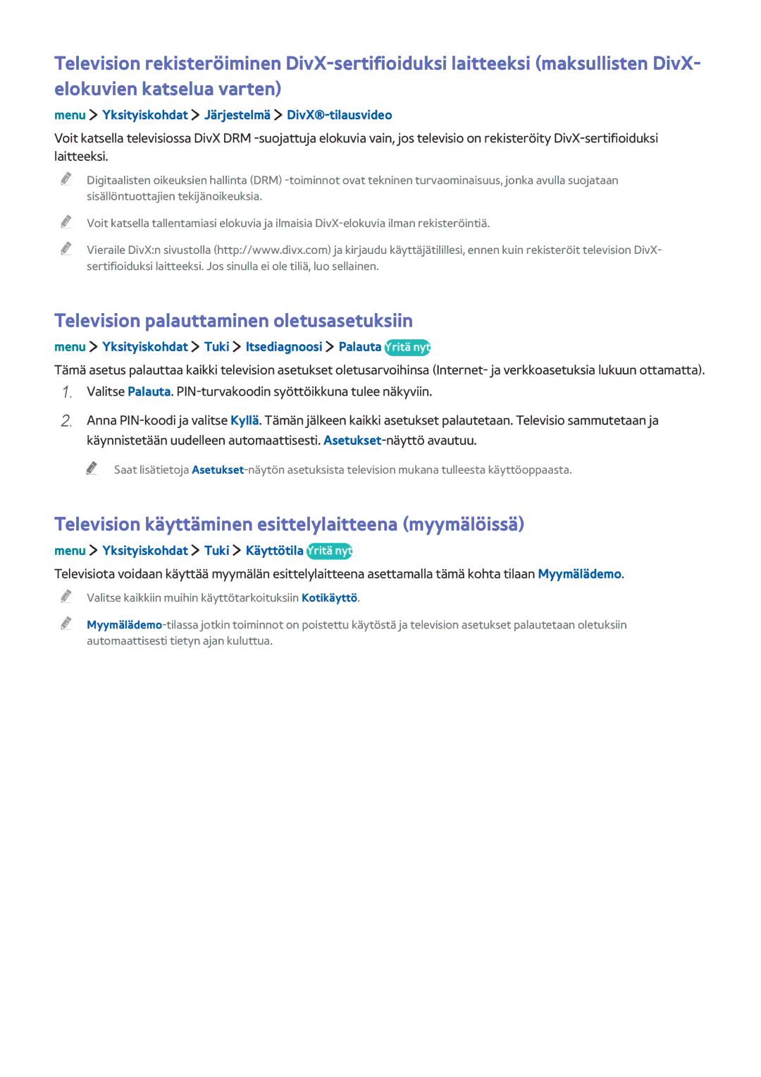 Samsung UE32LS001EUXXE Television palauttaminen oletusasetuksiin, Television käyttäminen esittelylaitteena myymälöissä 