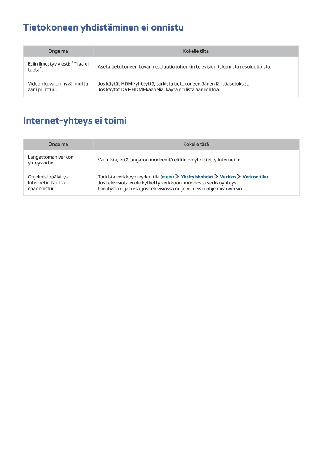 Samsung UE40LS001CUXXE, UE32LS001BUXXE, UE32LS001DUXXE manual Tietokoneen yhdistäminen ei onnistu, Internet-yhteys ei toimi 