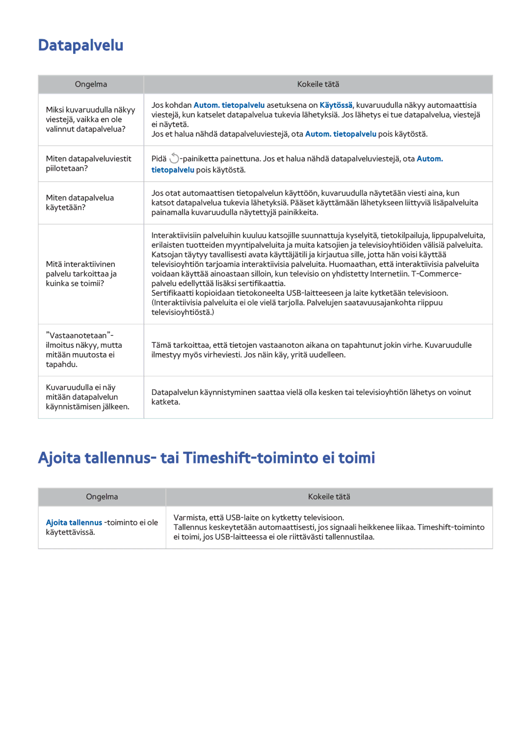 Samsung UE40LS001AUXXE Datapalvelu, Ajoita tallennus- tai Timeshift-toiminto ei toimi, Ajoita tallennus -toiminto ei ole 