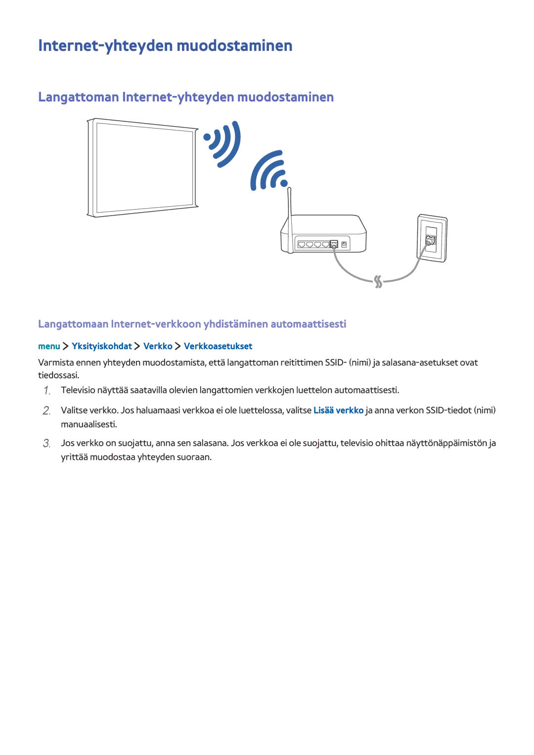 Samsung UE32LS001CUXXE, UE32LS001BUXXE, UE32LS001DUXXE, UE32LS001EUXXE manual Langattoman Internet-yhteyden muodostaminen 