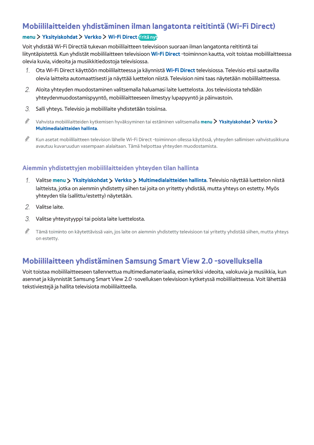 Samsung UE32LS001DUXXE, UE32LS001BUXXE, UE32LS001CUXXE, UE32LS001EUXXE Menu Yksityiskohdat Verkko Wi-Fi Direct Yritä nyt 