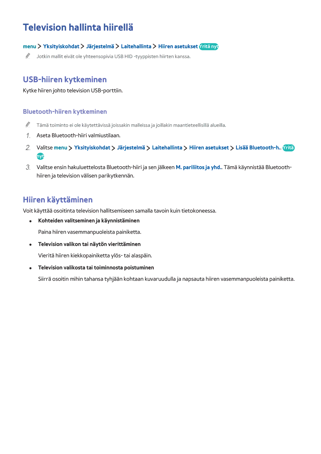 Samsung UE32LS001EUXXE, UE32LS001BUXXE manual Television hallinta hiirellä, USB-hiiren kytkeminen, Hiiren käyttäminen 